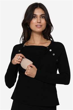 Pull d’allaitement noir avec col bateau, 100 % laine mérinos - Fonction d\'allaitement