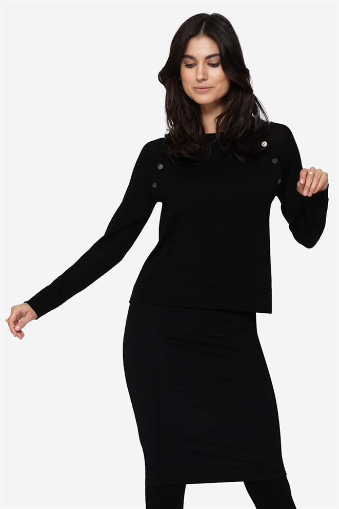 Pull d’allaitement noir avec col bateau, 100 % laine mérinos - En extérieur 