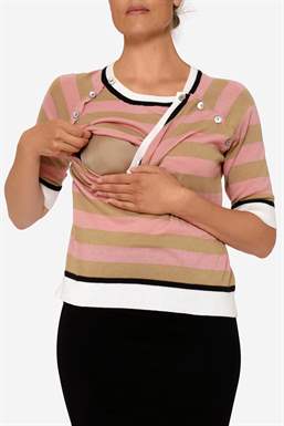 Pull d\'allaitement léger en coton bio, rayé à manches courtes, avec un ventre de grossesse 
