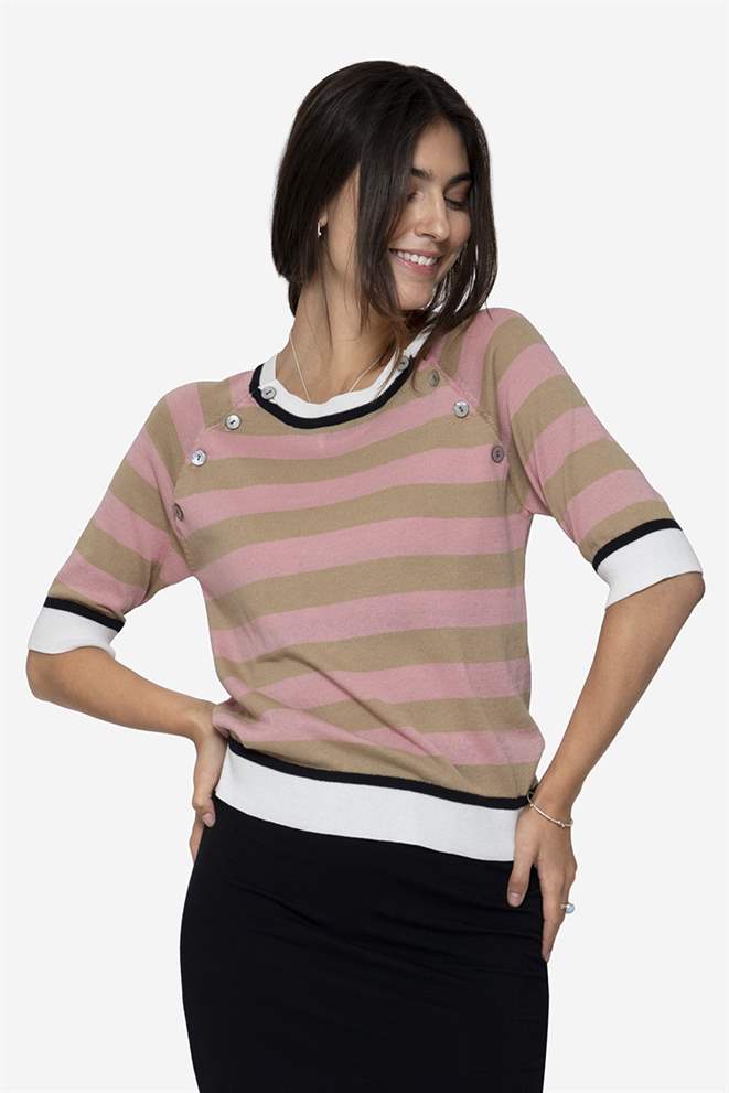 Pull d\'allaitement léger en coton bio, rayé à manches courtes, en pied 
