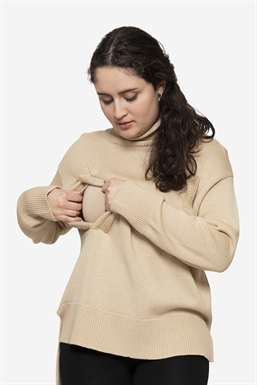 Pull de grossesse/allaitement en laine mérinos beige - avec fonction d\'allaitement