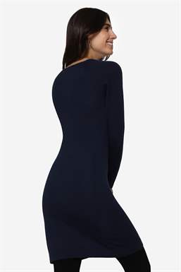 Robe d\'allaitement bleue à manches longues et col rond en laine mérinos - Vue de dos 