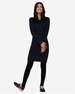 Robe d\'allaitement bleue à manches longues et col rond en laine mérinos - En pied 