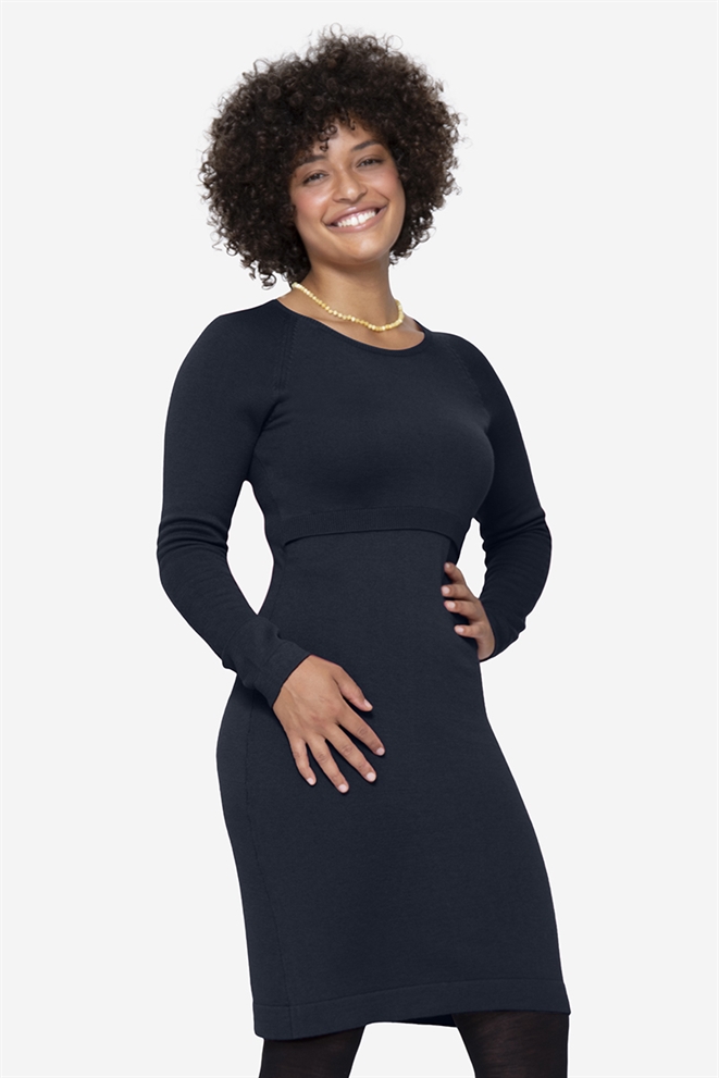 Robe d\'allaitement bleue à manches longues et col rond en laine mérinos - Vue de face 