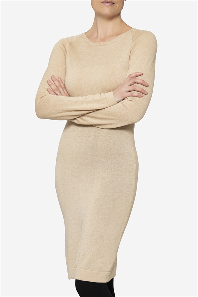 Robe d\'allaitement orange à manches longues et col rond en laine mérinos - Vue de face 