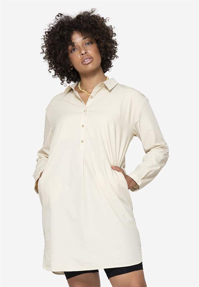 Robe tunique d’allaitement ample, beige en coton bio - vue de face