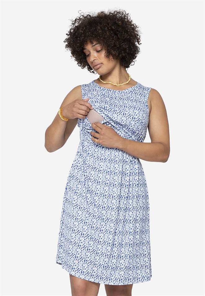 Robe allaitement bleu sans manches, jusqu’aux genoux en fibre de bambou,  en pied 