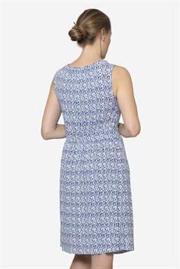 Robe allaitement bleu sans manches, jusqu’aux genoux en fibre de bambou, vue de dos 